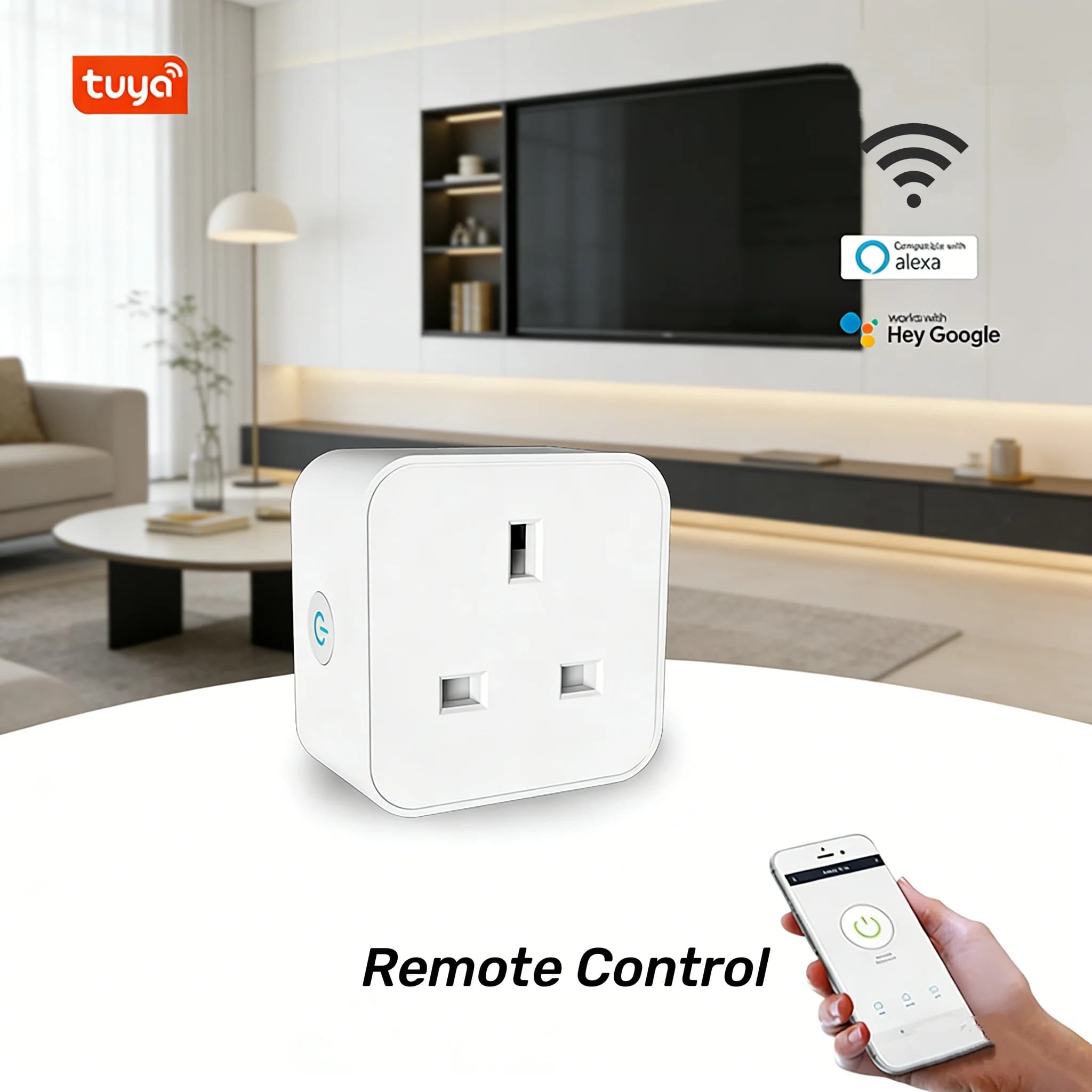 Smart WiFi Tuya UK 16A socket, Compatible with Alexa and Google Assistant, Remote Control via App, No Required Hub, White