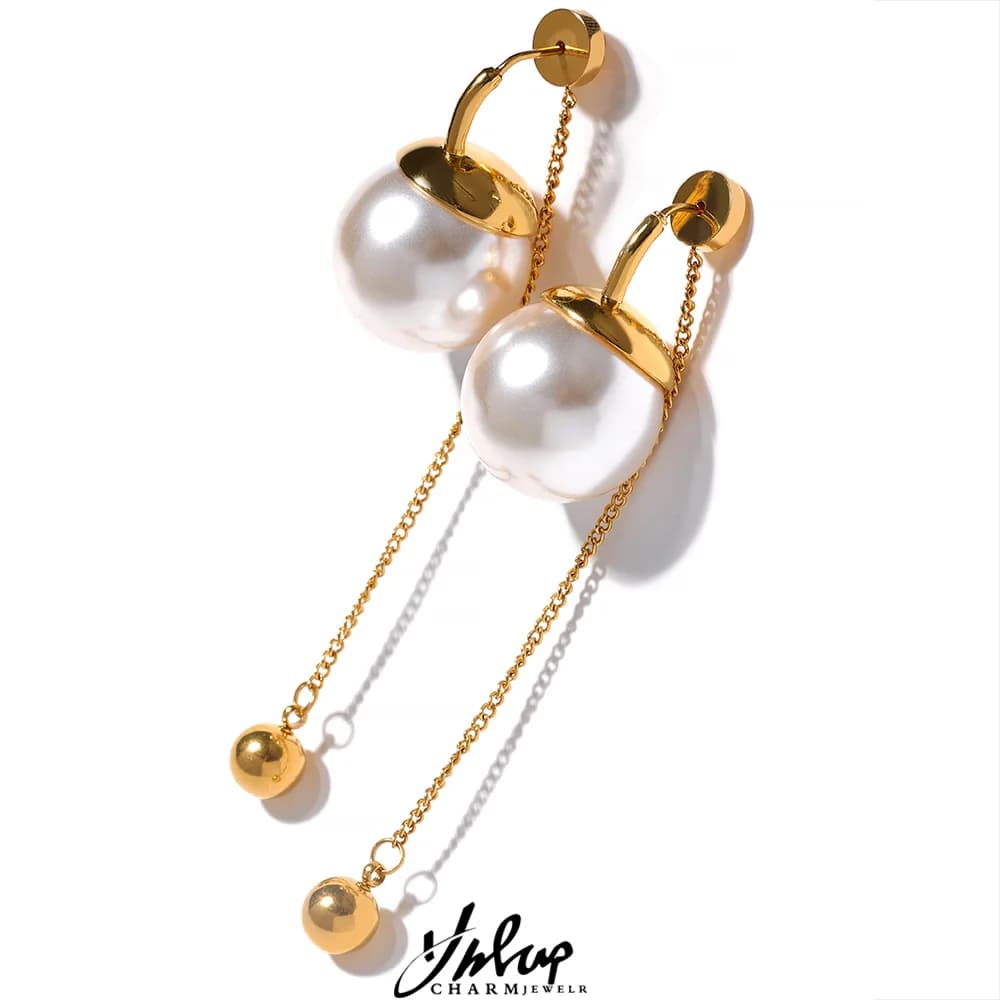 Yhpup Korean Imitation Pearls Chain Long Drop Stainless Steel Earrings Temperament Geometric Fashion Chic Party Jewelry Women