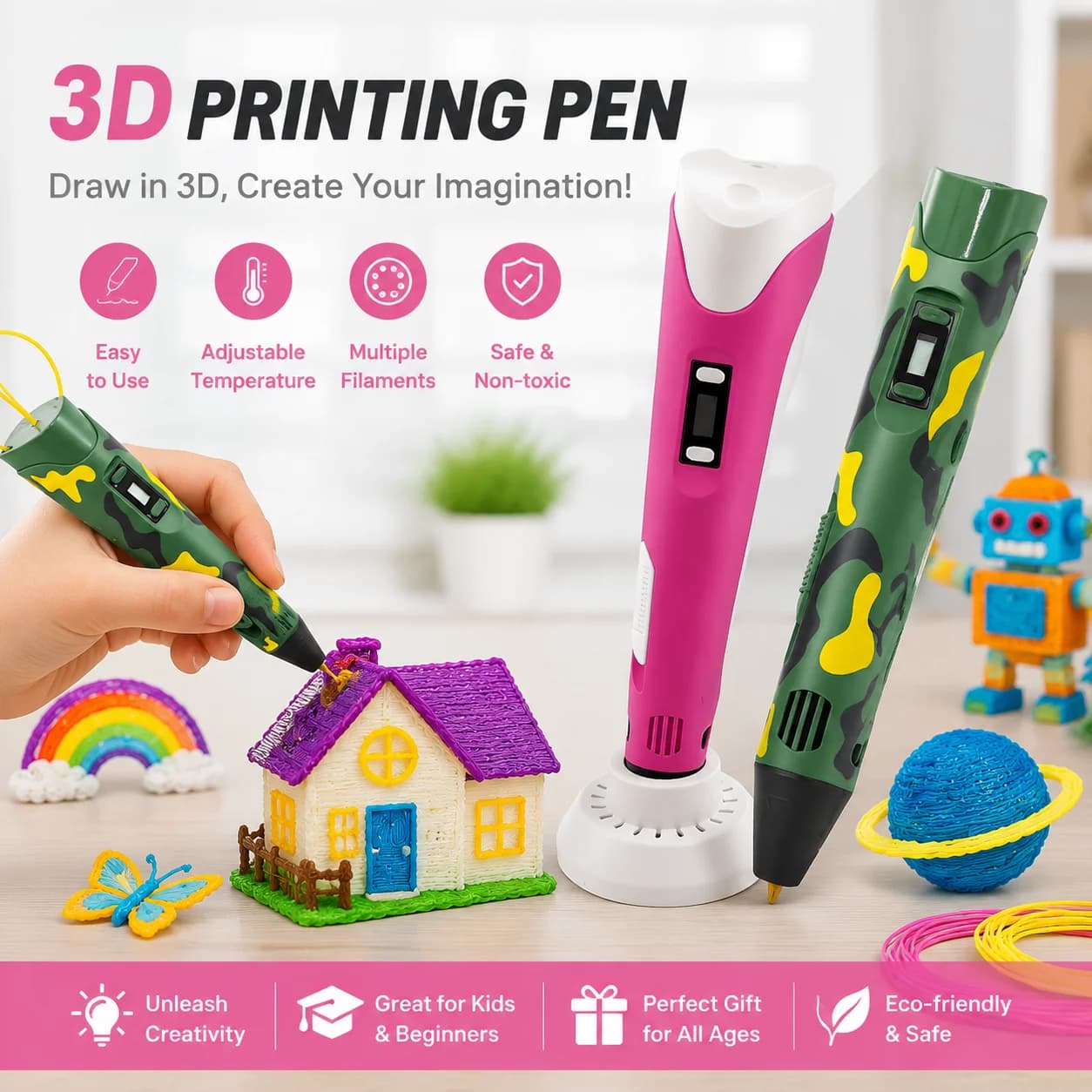 3D Printing Pen with 9M PLA Filament High-Temp Safe DIY Graffiti Drawing Pen for Kids and Adults Christmas Birthday Art Craft