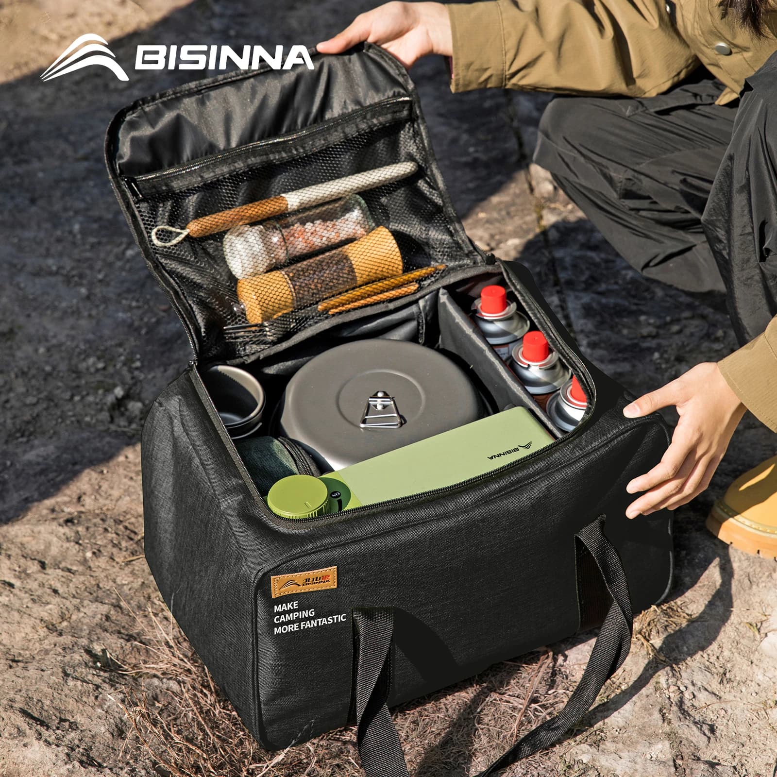 BISINNA Borsa da campeggio esterna Borsa da campeggio pieghevole per serbatoio del gas da 26 litri Contenitore per cucina da picnic Forniture da campo Partizione regolabile