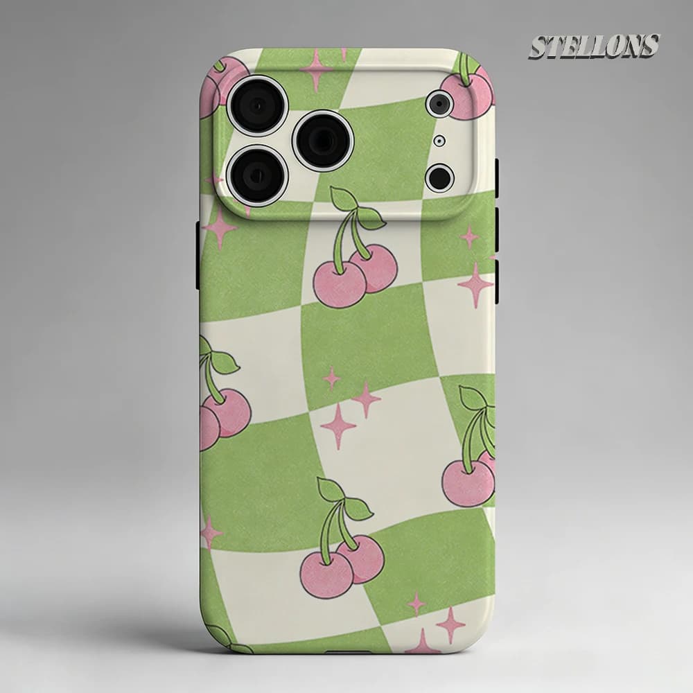 Custodia per telefono Green Cherry Checker con supporto magnetico per iPhone 17 16 15 14 13 Pro Max Plus, custodia robusta a strato singolo/doppio