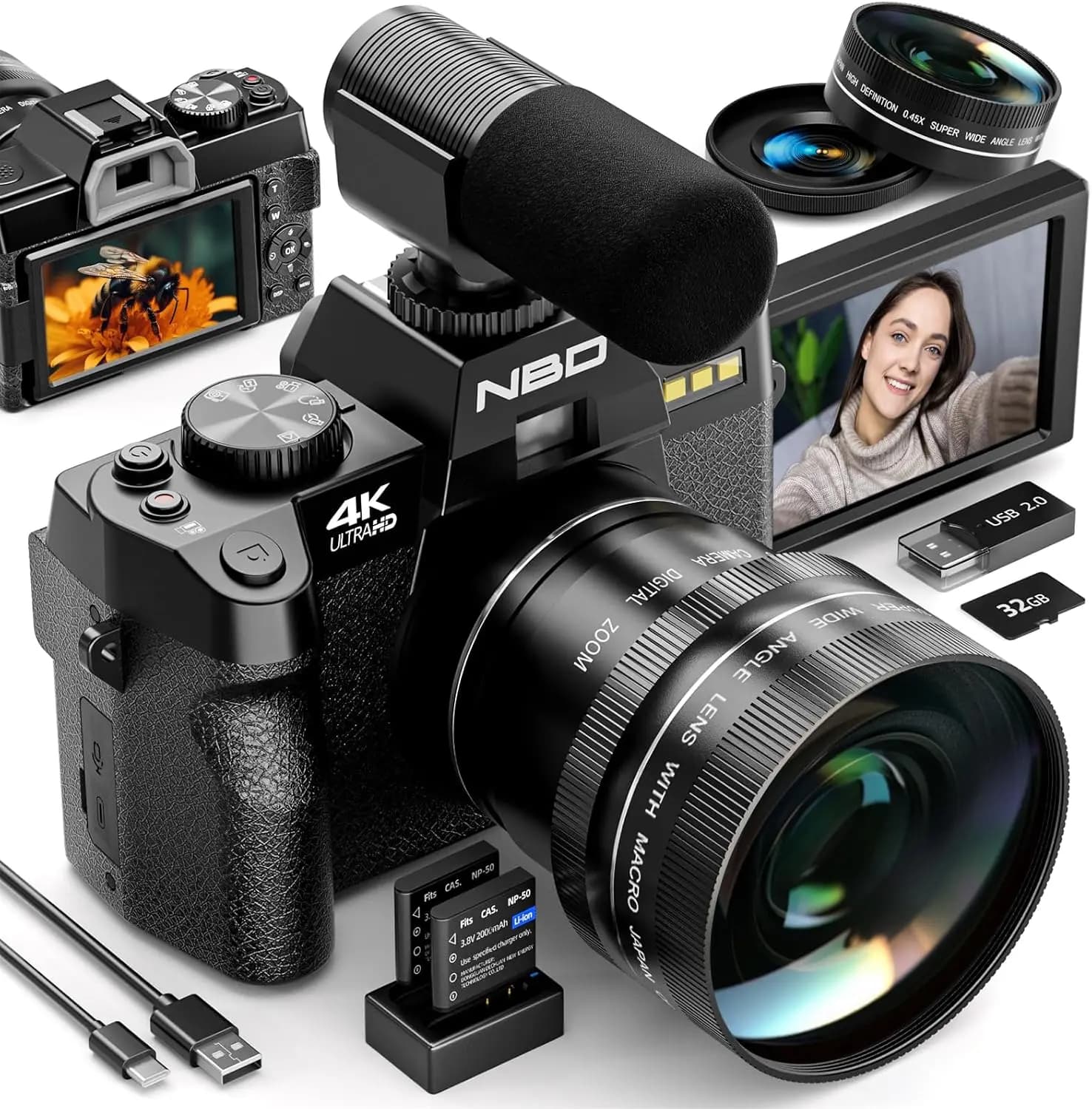 Fotocamere digitali NBD 4K per fotografia, fotocamera da 48 MP, fotocamere per vlogging da viaggio con zoom digitale 16X, 180 ° Schermo ribaltabile, obiettivo macro da 52 mm