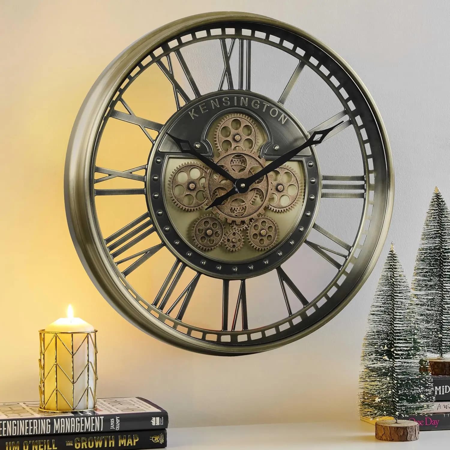 21 Inch Moving Gears Wall Clock for Modern Farmhouse Decor, Roman Numerals, Battery Operated