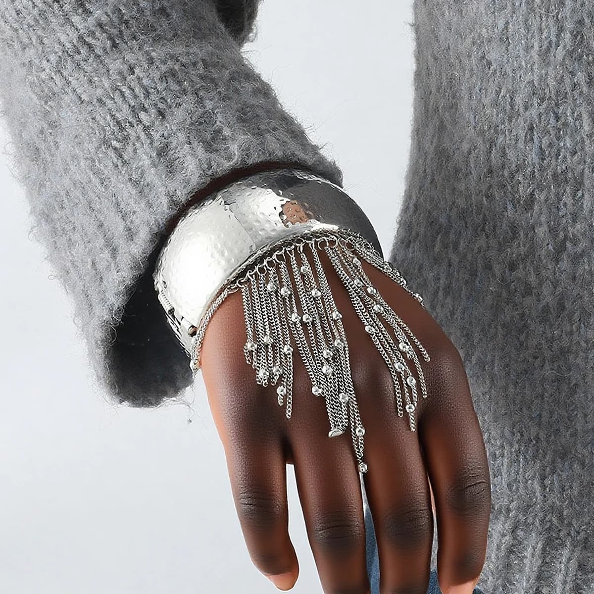 2026 Vintage Silver Metal Bangle for Women Beads Chains Tassels Bracelets Fashion Jewelry Holiday Party Hand Accessories
