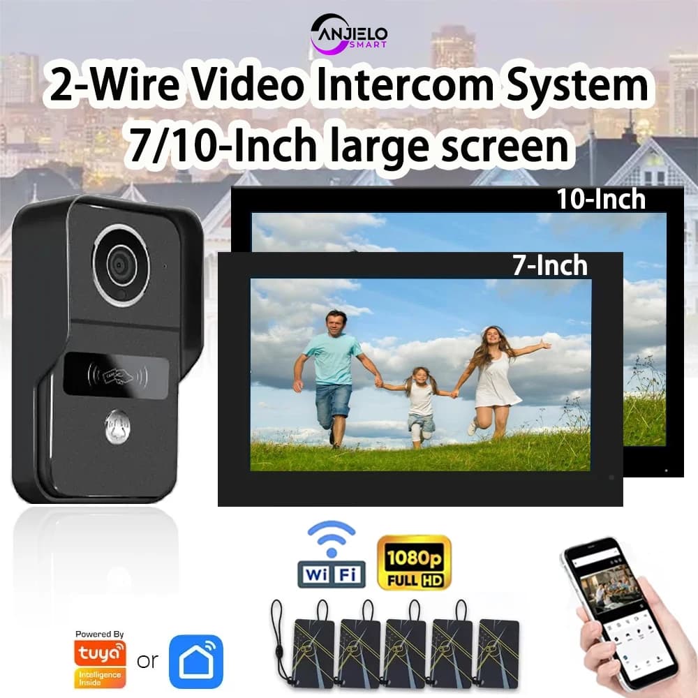 ANJIELO Smart Wifi Videocitofono a 2 linee Sistema campanello Monitor da 7/10 pollici Telecamera campanello 1080P Videocitofono Sblocco Cartuya