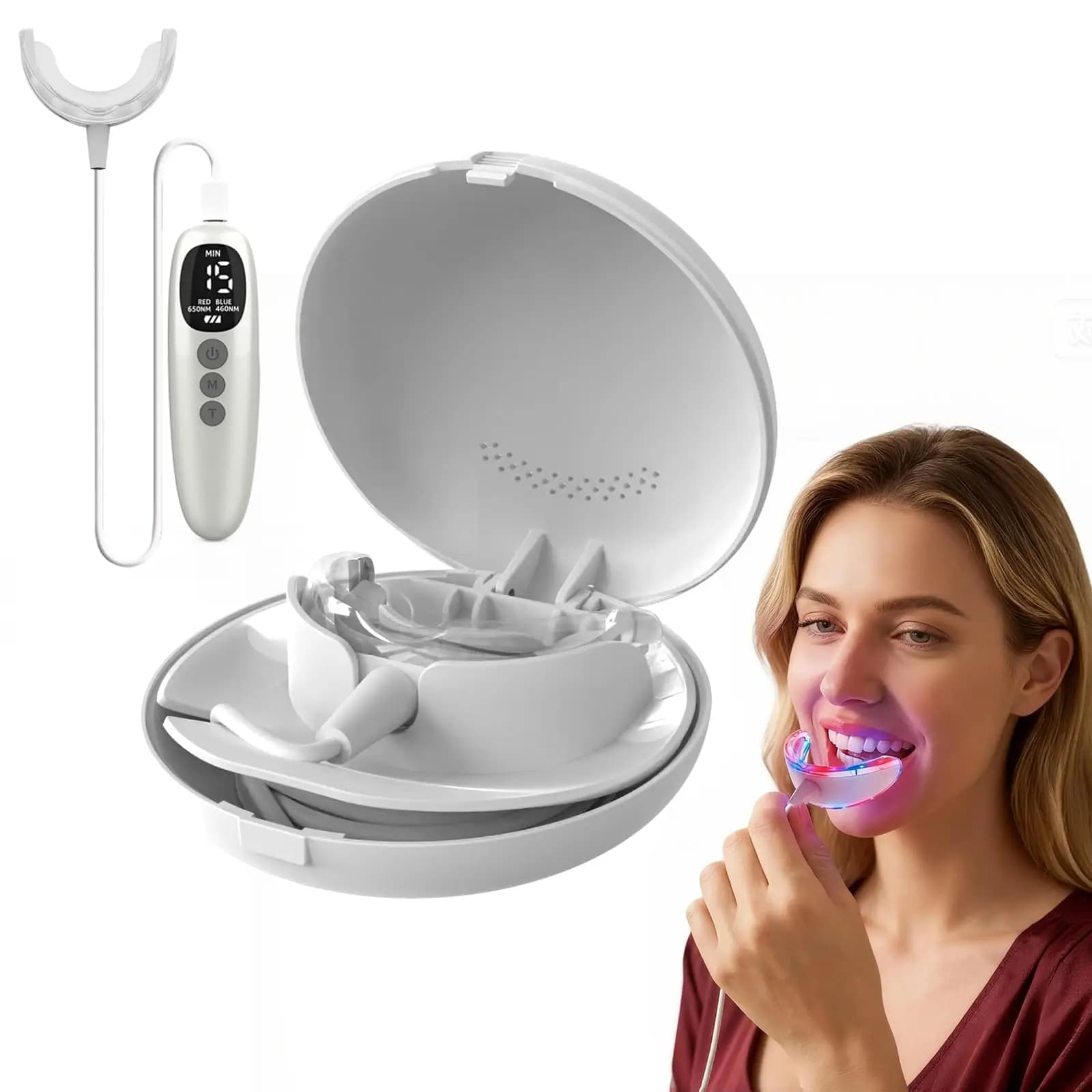 Whitening kit for teeth with 18 Diodes Red and Blue Therapy for Gemini, Parodontale LED Light with Tray and Case for Repairing Bloody Genghives