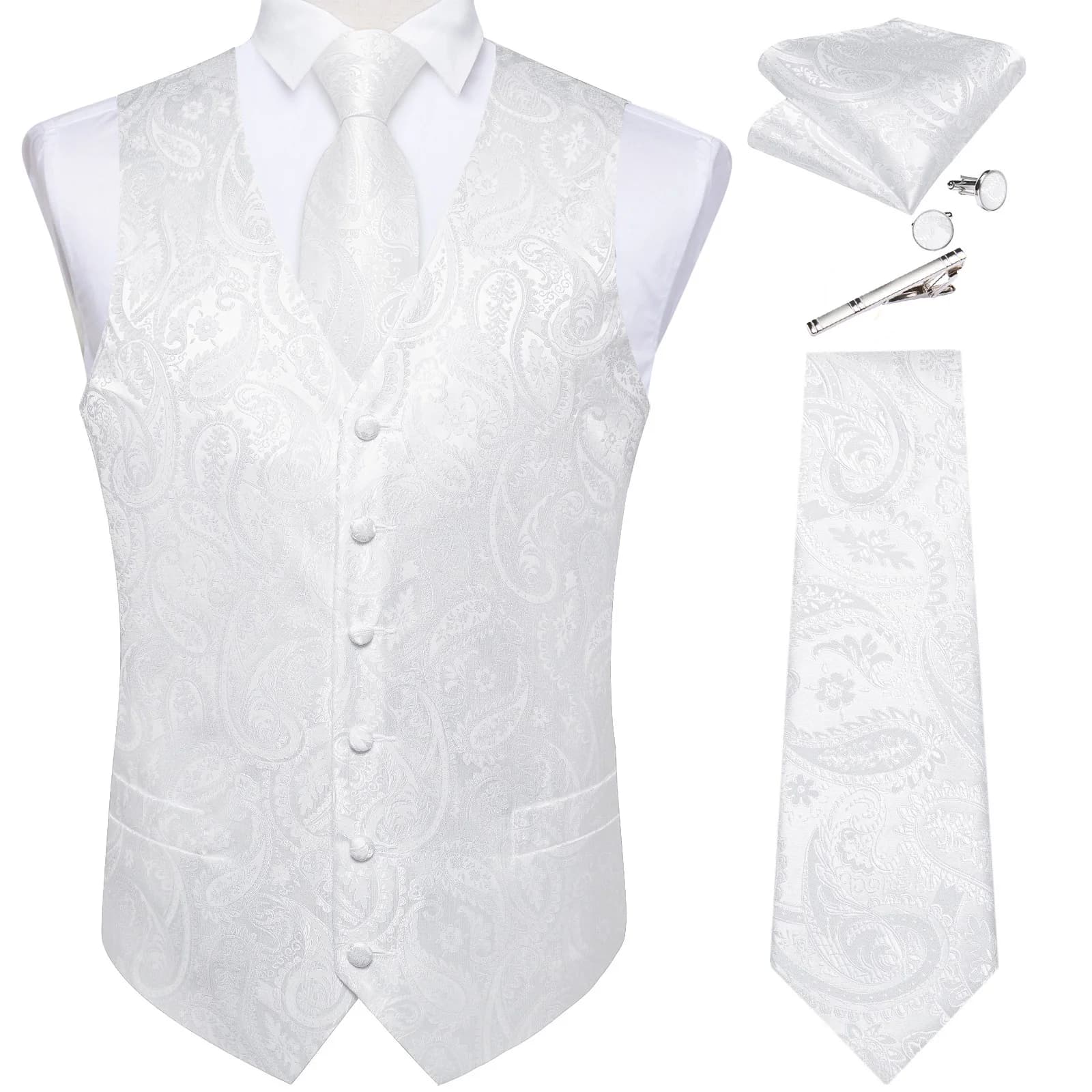 Gilet da sposa bianco puro per uomo senza maniche con scollo a V in raso di lusso da uomo gilet cravatta tasca quadrata gemelli clip 5 pezzi set regalo