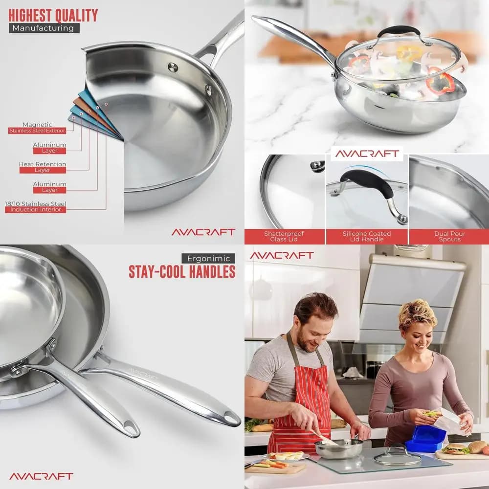 Padella in Acciaio Inossidabile da 8 Pollici con Coperchio, Beccucci Laterali, Compatibile con Induzione, della Collezione Pentole e Padelle da 8 Pollici