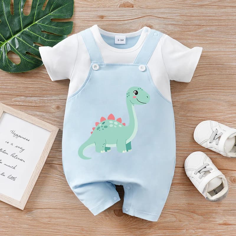 Tutina estiva a maniche corte in due pezzi per neonati, con simpatico dinosauro e scollo rotondo, per maschietti e femminucce. Morbido e Confortevole
