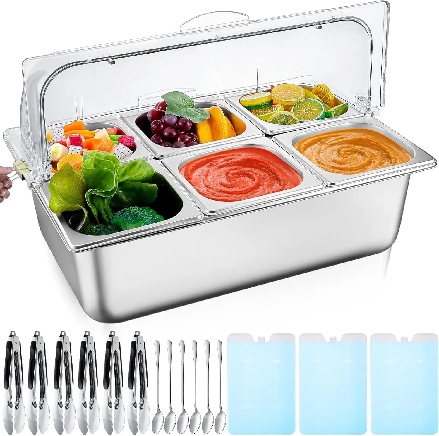 Set di Contenitori per Condimenti in Acciaio Inox con Coperchio per Buffet, Ristorante, Cucina, Contenitore Refrigerato per Insalata