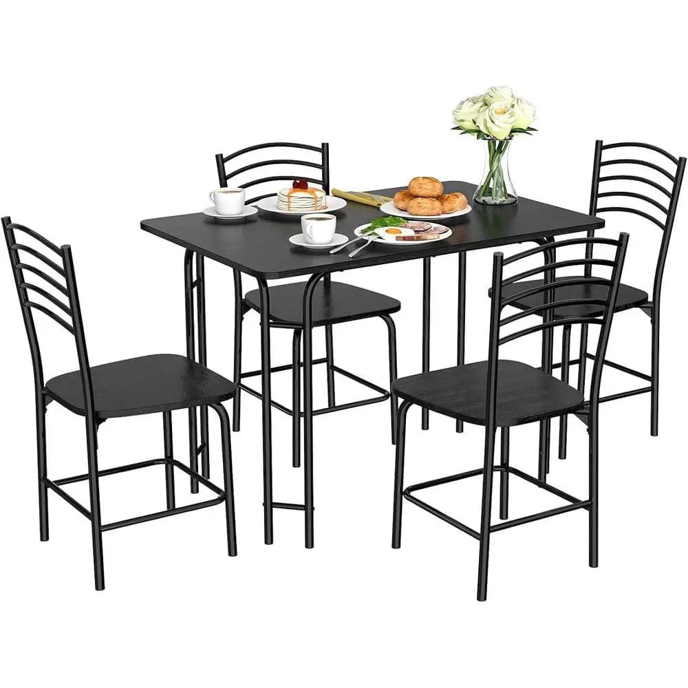 Elegante Set da Pranzo 5 Pezzi: Tavolo da Cucina e 4 Sedie con Gambe in Metallo Eleganti in Nero Ebano