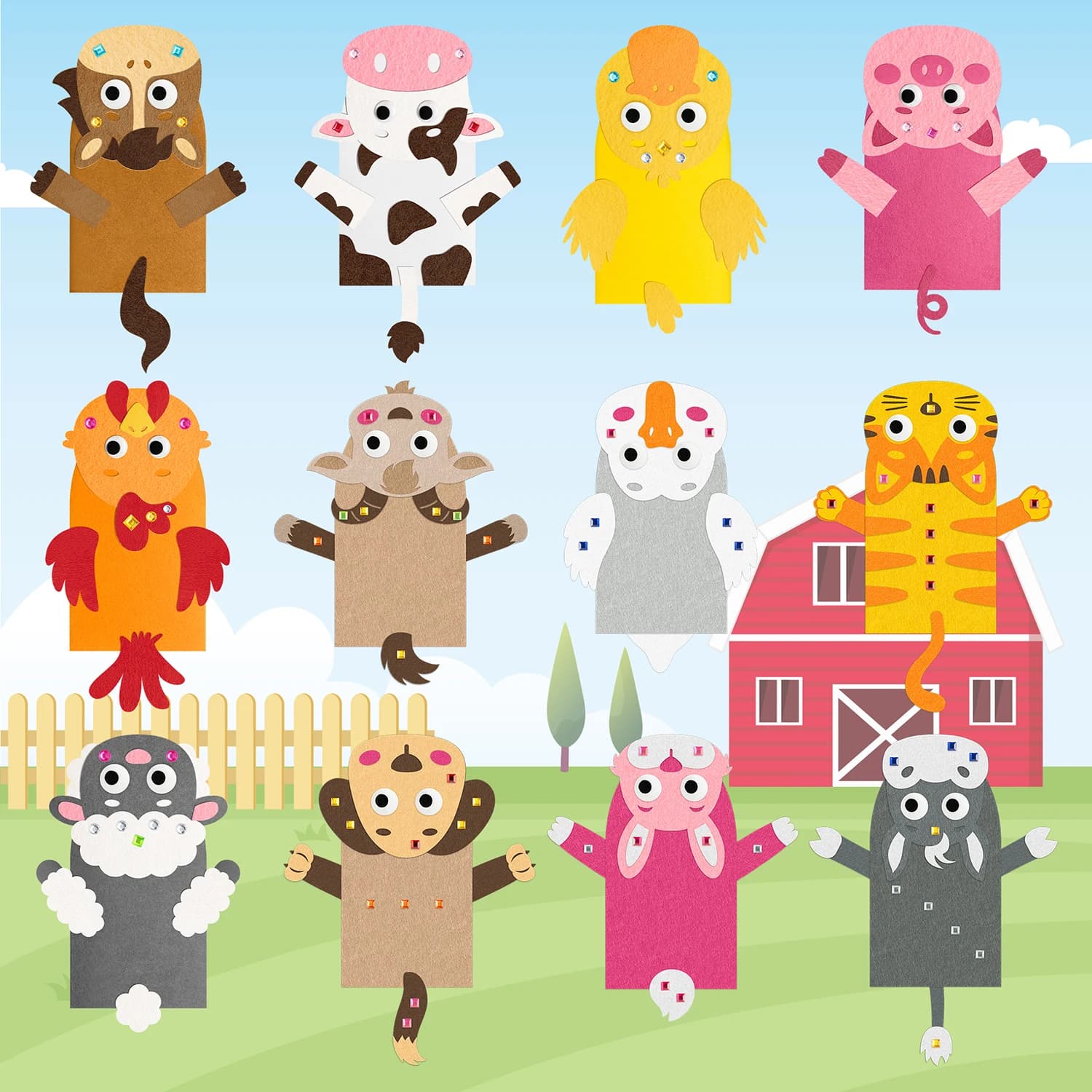 12Pcs Farm Animals Hand Puppet Felt Making Kit DIY Felt Craft with Cow Horse Duck Rooster Rabbit Cat No Sewing Family Activity