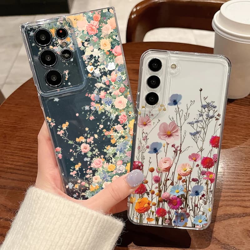 Transparent TPU Soft Cover with Floral Pattern for Samsung Galaxy S26 S25 S24 S23 Ultra S22 S26 Plus S24 S21 FE S25 Edge