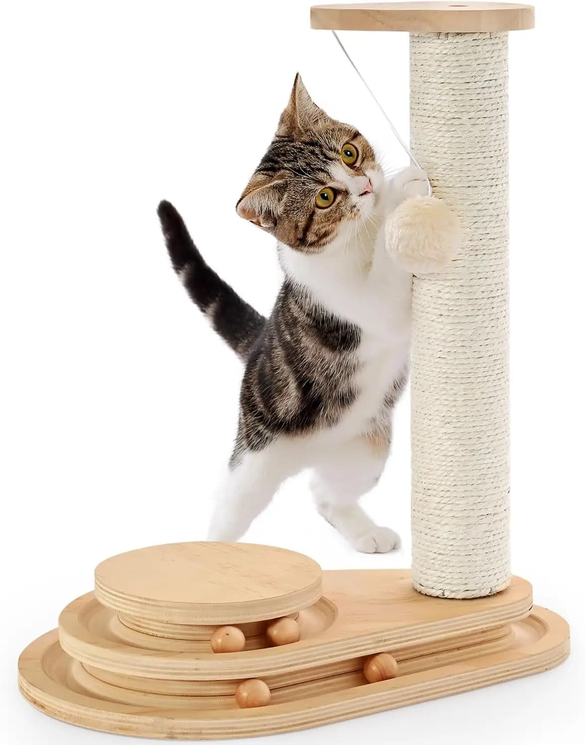 Made4Pets Tiragraffi per gatti da 17,7" - Sisal a due strati, pista a sfera e giocattolo pendente - Tiragraffi interattivo per gattini per gatti da interno