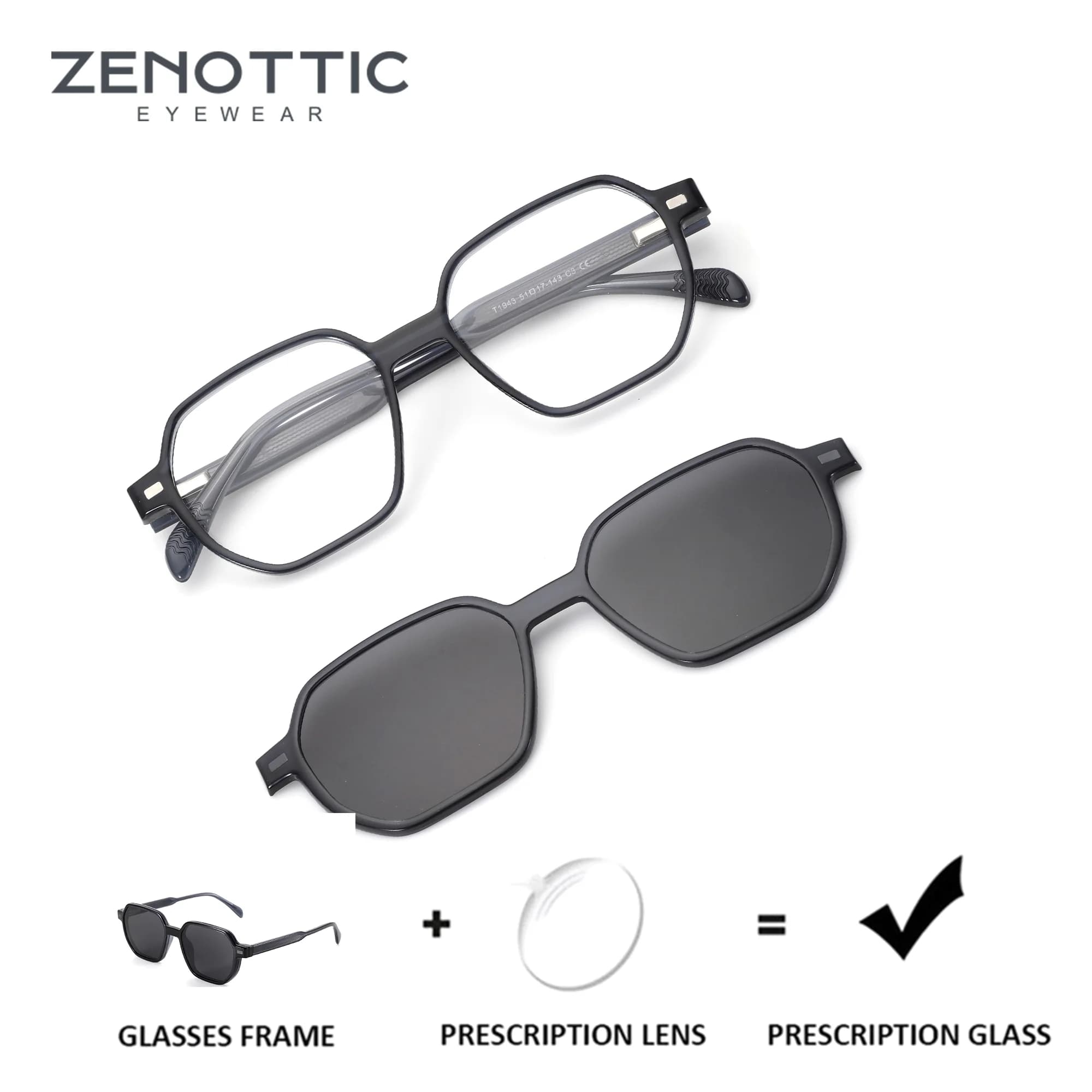 ZENOTTIC Hexagon Magnetic Clip-on Prescription Glasses For Men UV400 Polarized Sun Glasses Myopia Optical Eyeglasses