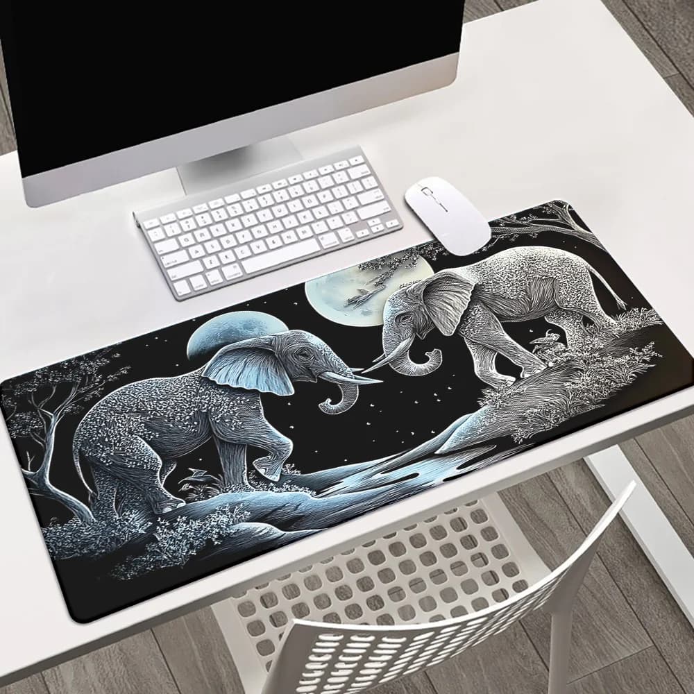 Tappetino per mouse da gioco esteso con scena notturna di confronto tra elefanti, tappetino da scrivania antiscivolo in gomma per PC portatile