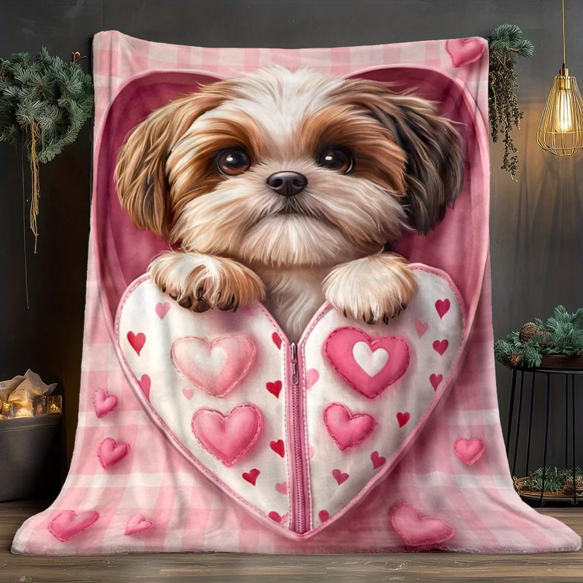 1 coperta in flanella con stampa cane Shih Tzu: morbida, calda, a forma di cuore con cuori rosa, per divano, camera da letto, viaggi, regalo