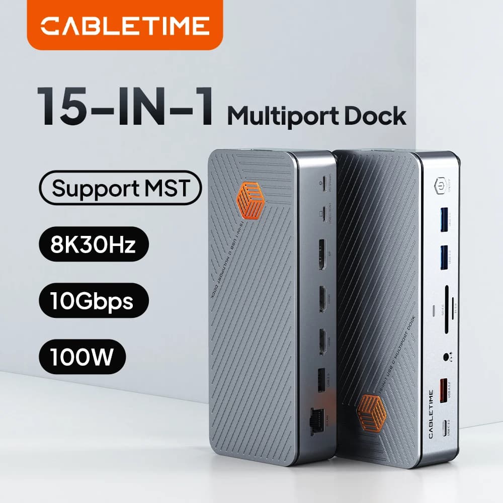 CABLETIME Docking station USB C 15 in 1 Hub Dock C 8K a HDMI USB 3.2 1000Mbps PD100W 10Gbps M.2 SSD per laptop Dell Mac Pro