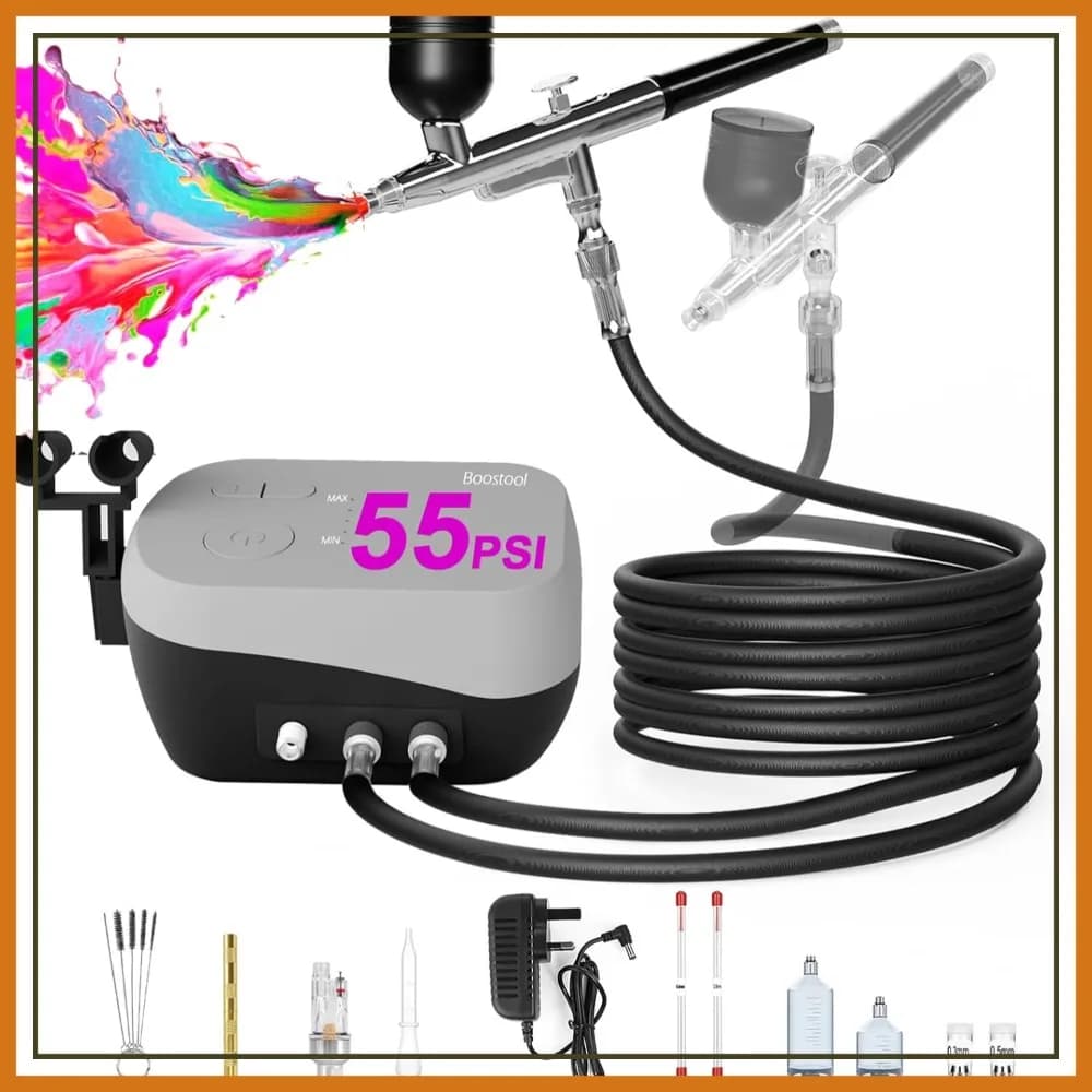 Kit Aerografo 55 PSI con Compressore, Flusso d'Aria Regolabile, Ugelli da 0.2/0.3/0.5mm per Pittura, Decorazione Torte, Unghie