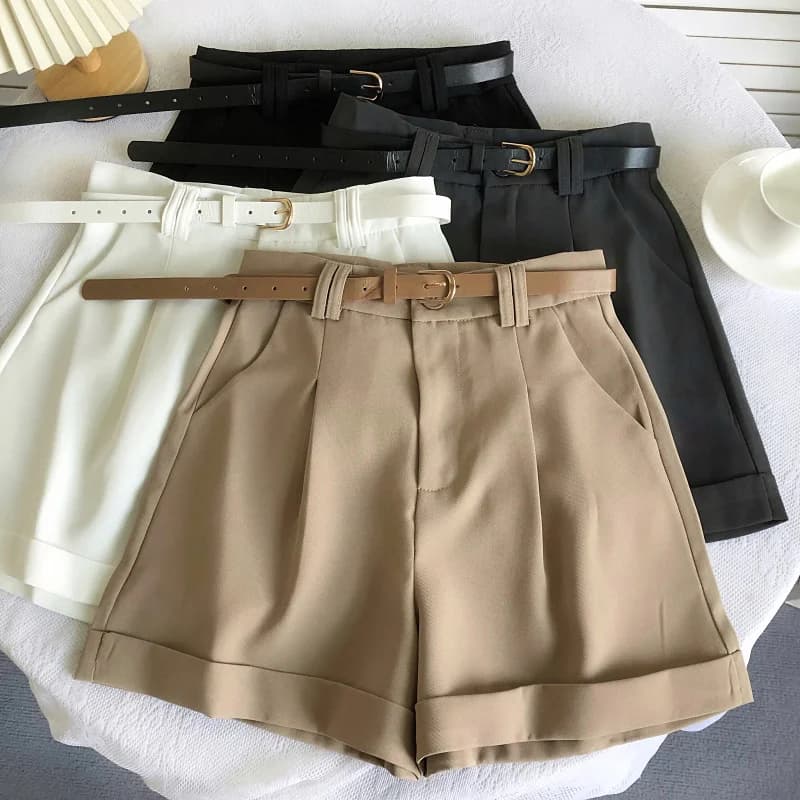 Spring Summer High Waist Slimming Wide Leg Pants Casual A-Line Shorts Women's Belted Versatile Korean Style Commute Fashion
