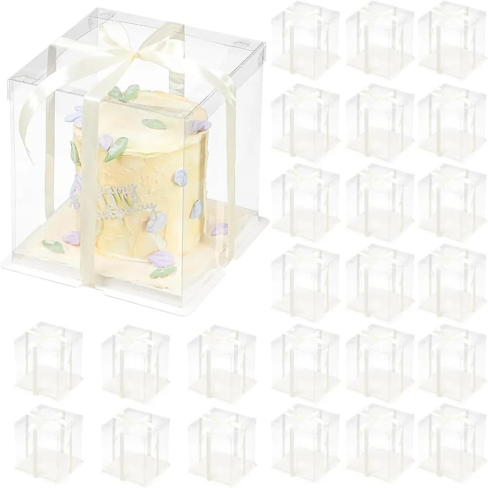 Confezione regalo trasparente con nastro Scatola porta torta trasparente a 2 strati 8,5x8,5x9 pollici con coperchio Confezione torta alta in PET per compleanno