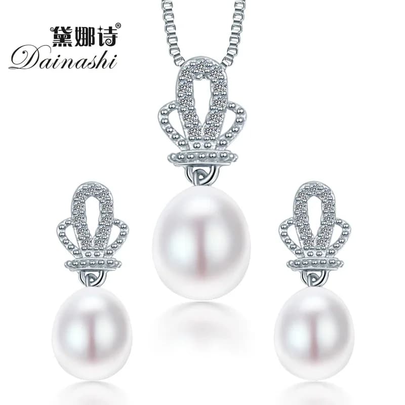 Dainashi 8-9mm Crown Natural Pearl Pendant Earrings 925 Sterling Silver Jewellery Sets White Pink Purple Water Drop Pearl