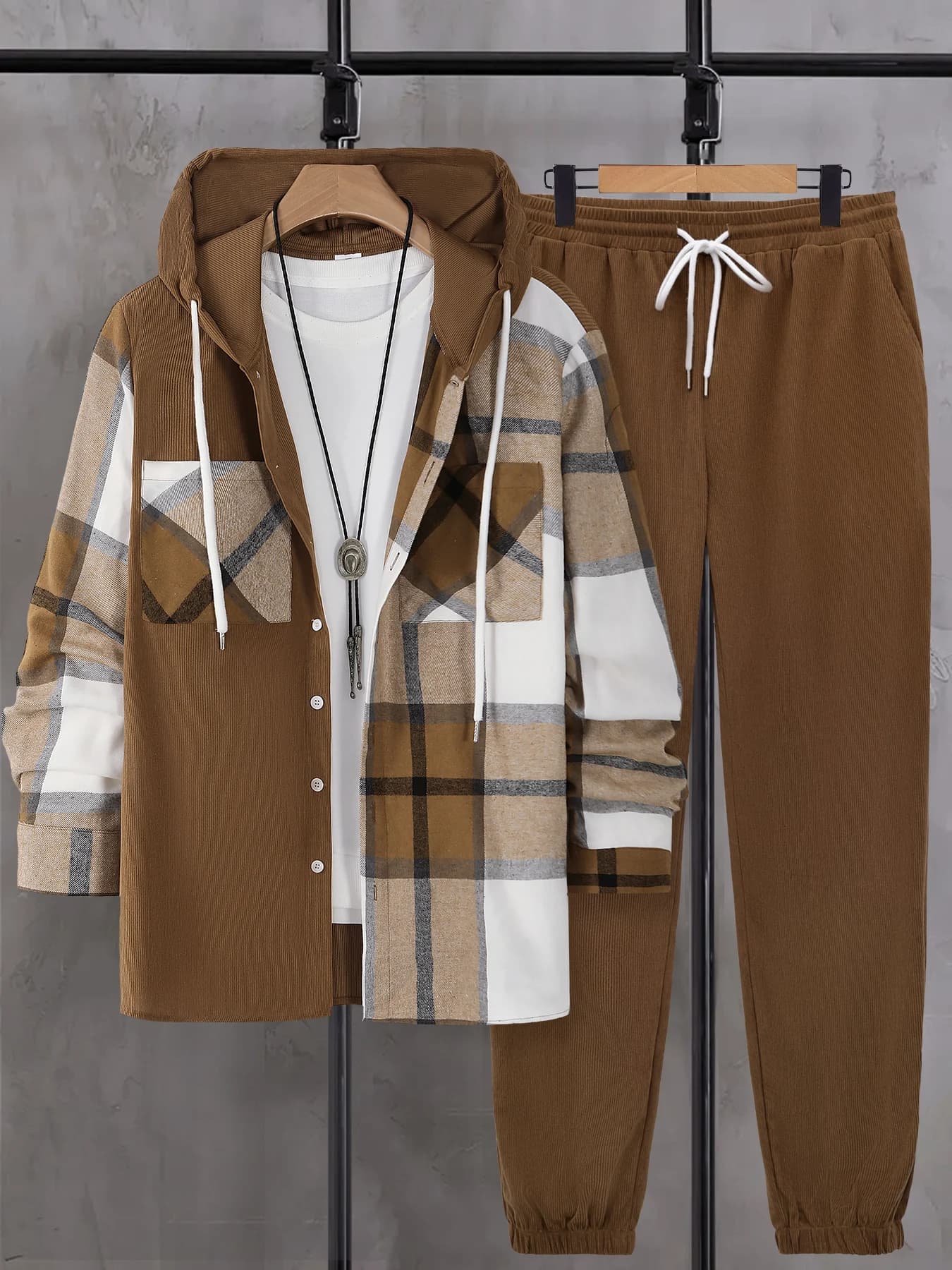 Men's set with autumn cap with Scottish patchwork jacket, trousers with drawstring, complete with three fashionable pieces