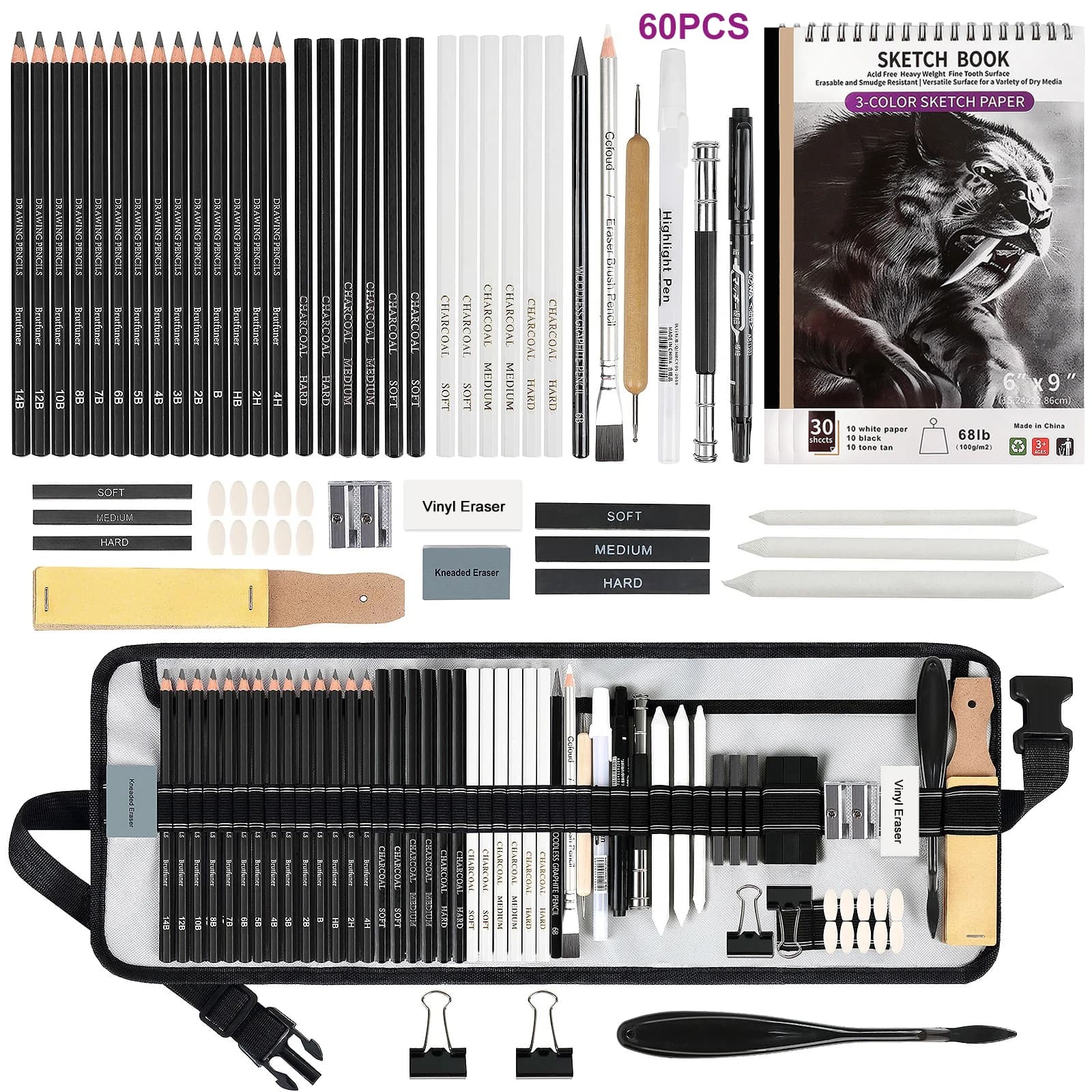 42/44/46/58/60/68 pcs Drawing Kit Sketching Pencil,Art Supplies with 3-Color Sketchbook,Graphite,Charcoal,Drawing Pencils