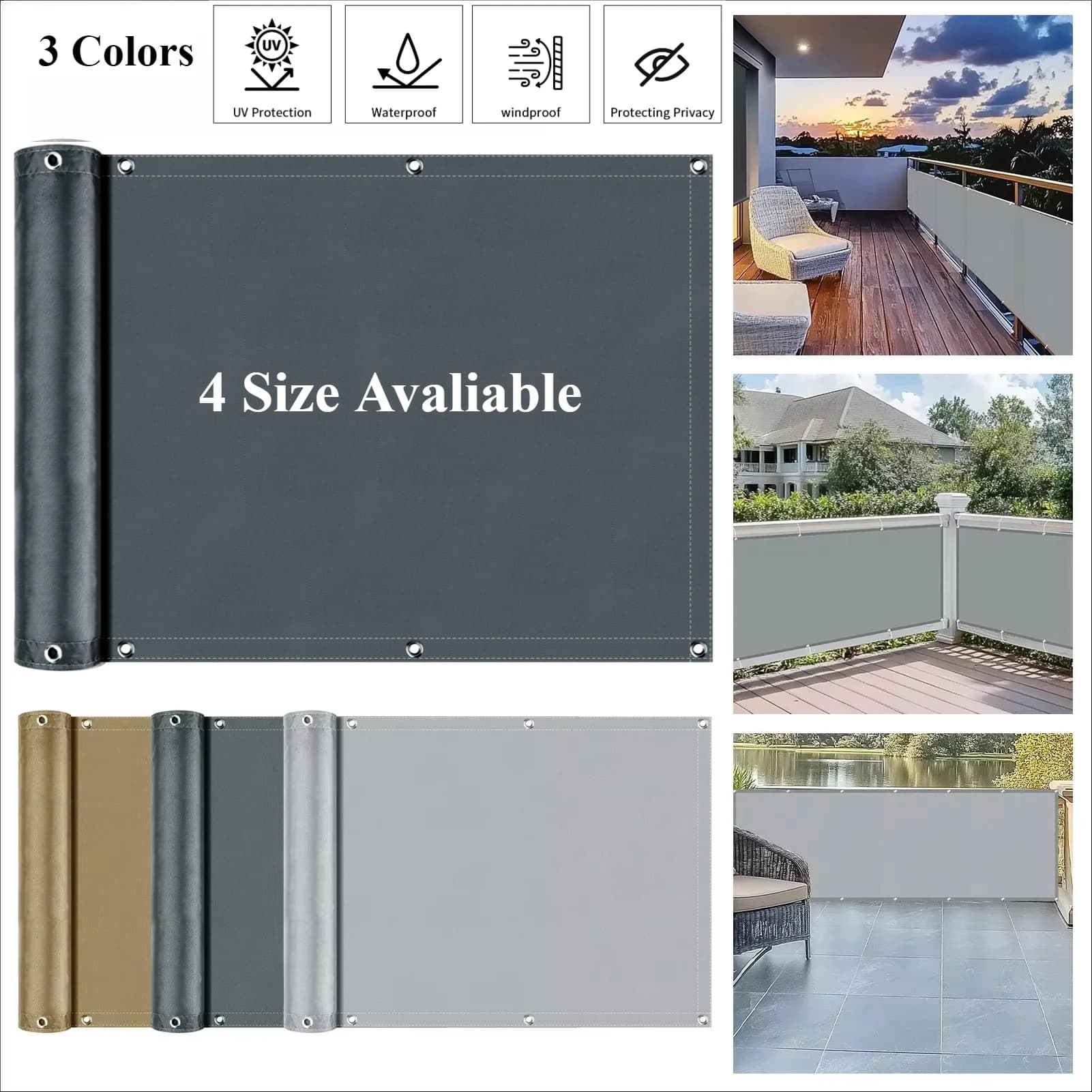 Parabrezza per recinzione per schermo privacy per balcone, parasole in tessuto con occhielli, protezione UV per protezione per ringhiera del portico del cortile del patio