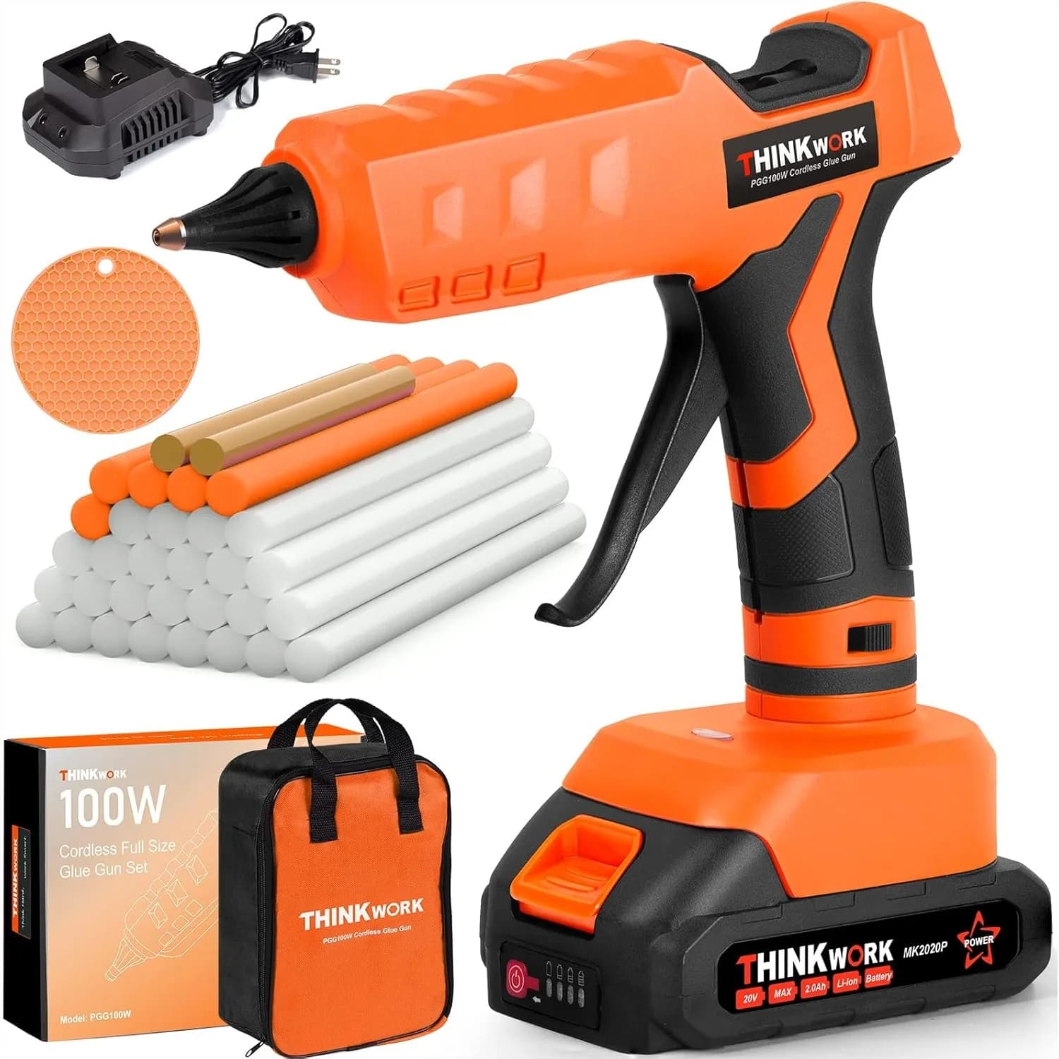 Pistola per colla a caldo senza fili da 20 V con 30 stick di colla a grandezza naturale, kit pistola per colla a caldo a riscaldamento rapido senza gocciolamento per riparazioni e costruzioni fai-da-te, batteria ricaricabile e caricabatterie inclusi