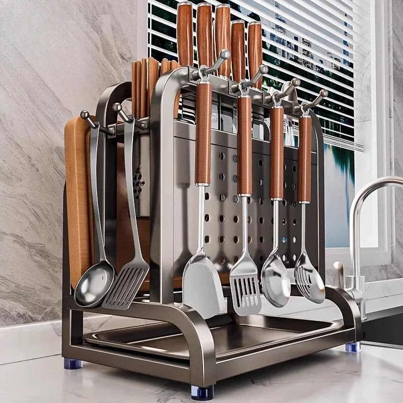 Stainless steel kitchen knife holder, multifunctional cutting board for knife and cage for wands, integrated holder