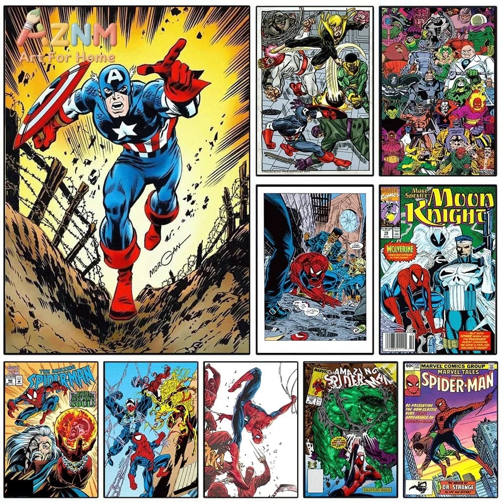 Vintage Captain America Superhero Comic Canvas Wall Art Retro Marvel Character Print Poster, Unframed Canvas Picture for Boys