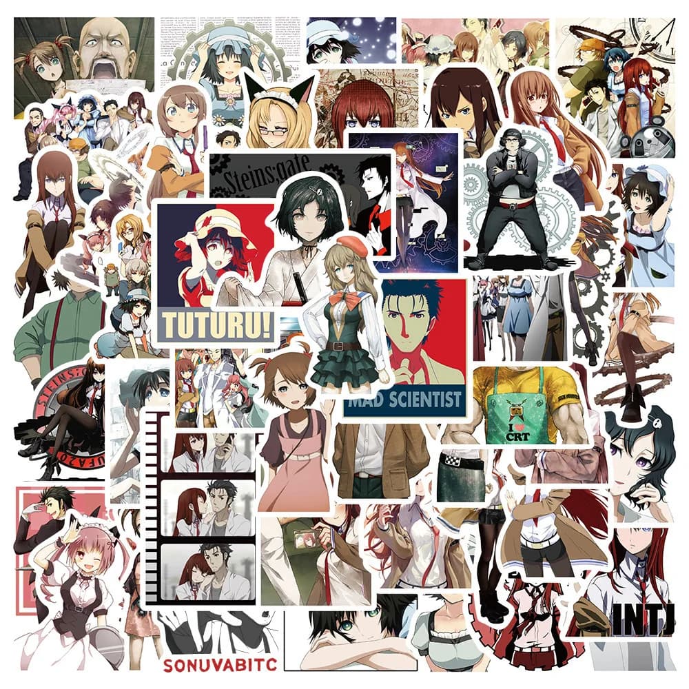 50 Pezzi Adesivi Anime Steins Gate, Decalcomanie Manga Cartoon per Scrapbooking, Laptop, Telefono, Giocattoli per Bambini