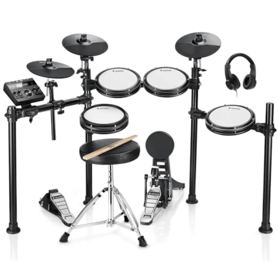 Set di batteria elettronica DED-200 con pad in mesh silenziosi, 2 piatti con funzione choke, 31 kit e oltre 450 suoni, sgabello, cuffie, bacchette, USB MIDI