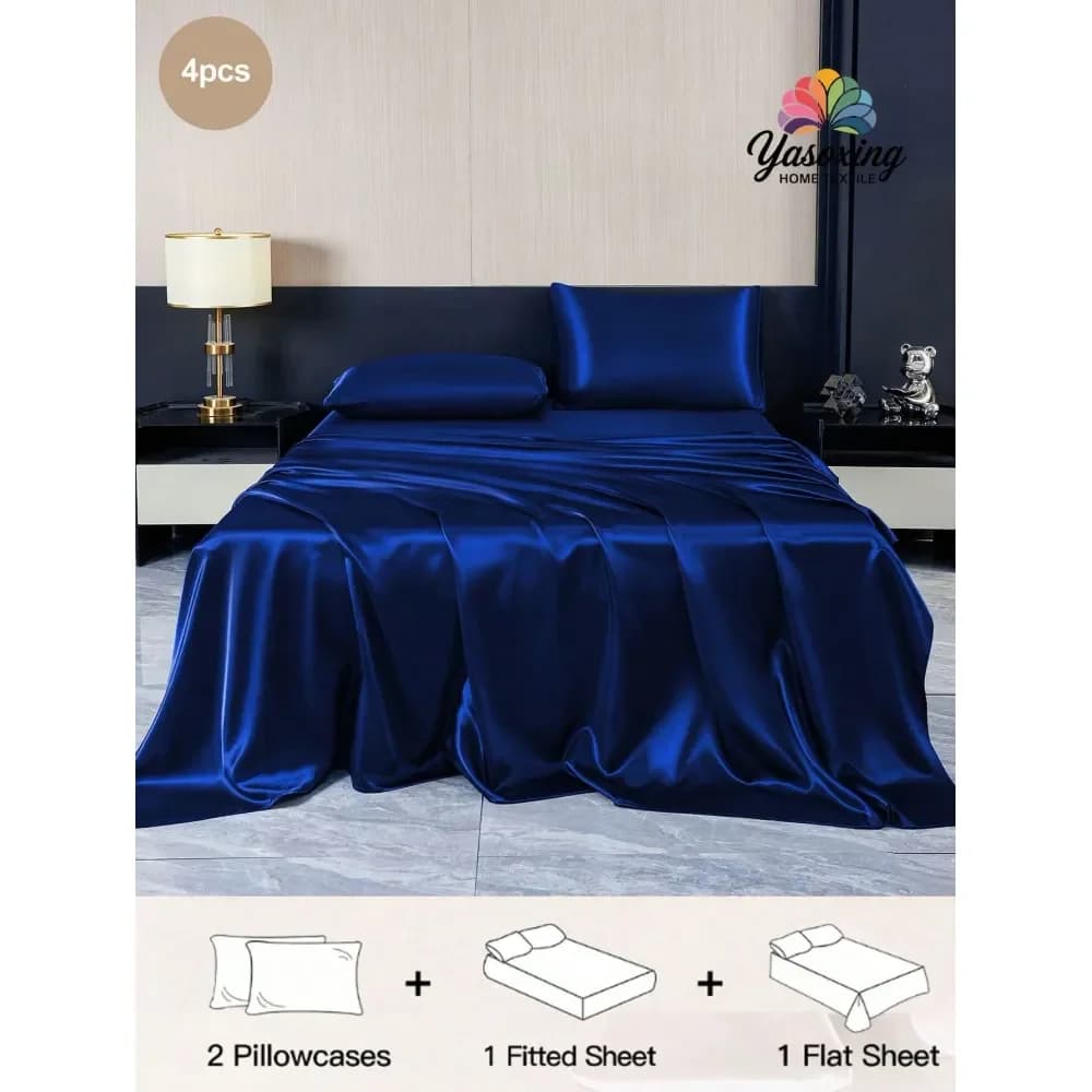 Set di biancheria da letto in raso di seta di lusso blu navy, include 1 gonna per letto, 1 lenzuolo piatto e 2 federe, inserti per cuscini non inclusi.