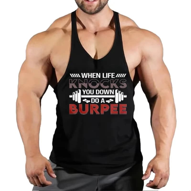 Gilet da uomo, stampa Life Challenge, Grafica con bilanciere Y Back Stringer Vest-Gym Fitness e allenamento Gilet muscolare Tuta senza maniche