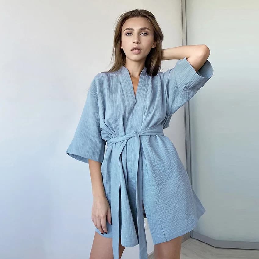 Women Short Sleeve Crinkle Robe Casual Spa Bathrobe Home Loungewear