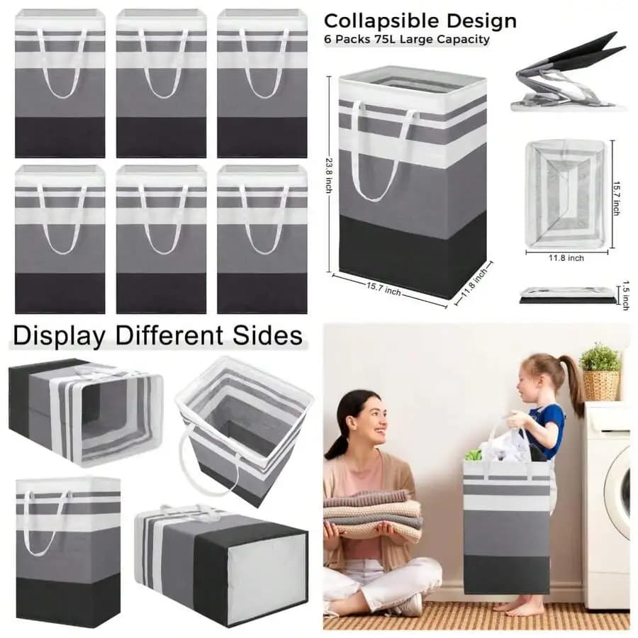 6 Pieces 75L Laundry Hamper Basket Organizer Large Laundry Bag Bulk Waterproof Collapsible Clothe Storage With Handles For Dorm