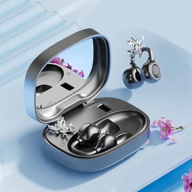 Open-Ear Bluetooth Clip-On Earphones with Sparkling Earrings Make Up Mirror Long Battery Life Wireless Earbuds Gifts