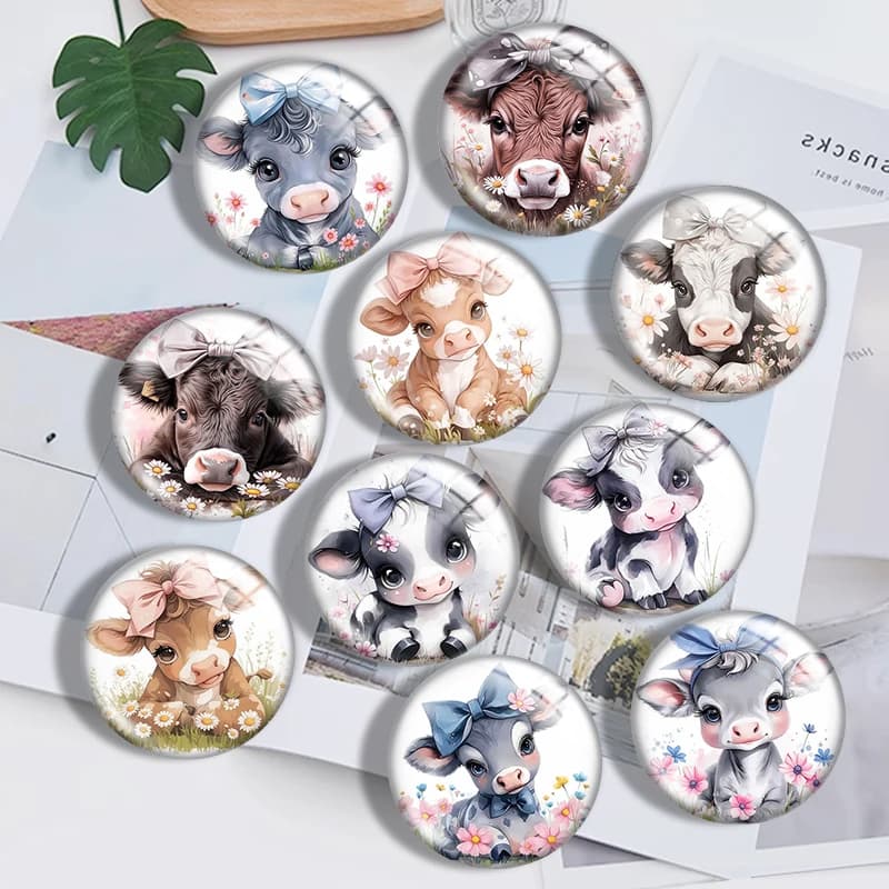 Watercolor Nursery Cow 12mm/18mm/20mm/25mm Round photo glass cabochon demo flat back Making findings