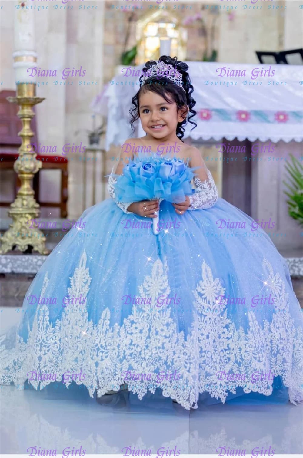 Abito da ragazza di fiori di lusso in tulle azzurro cielo soffice con applicazioni bianche per abiti da sera per feste di compleanno per bambini di piccola principessa