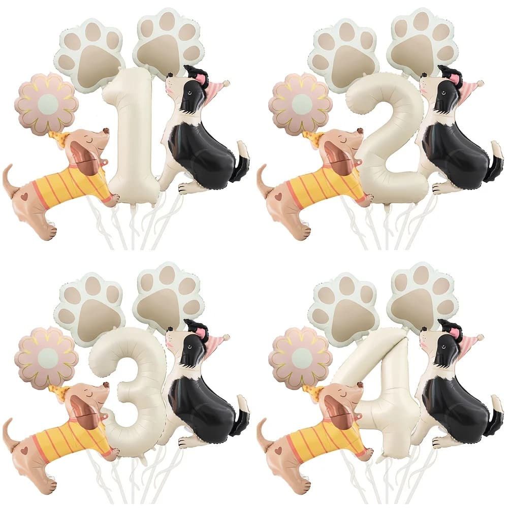 Set di 6 Palloncini a Tema Cane con Bassotto e Pastore Inglese, Palloncini Numerati 1-9 Bianco Crema, Decorazione per Feste di Compleanno