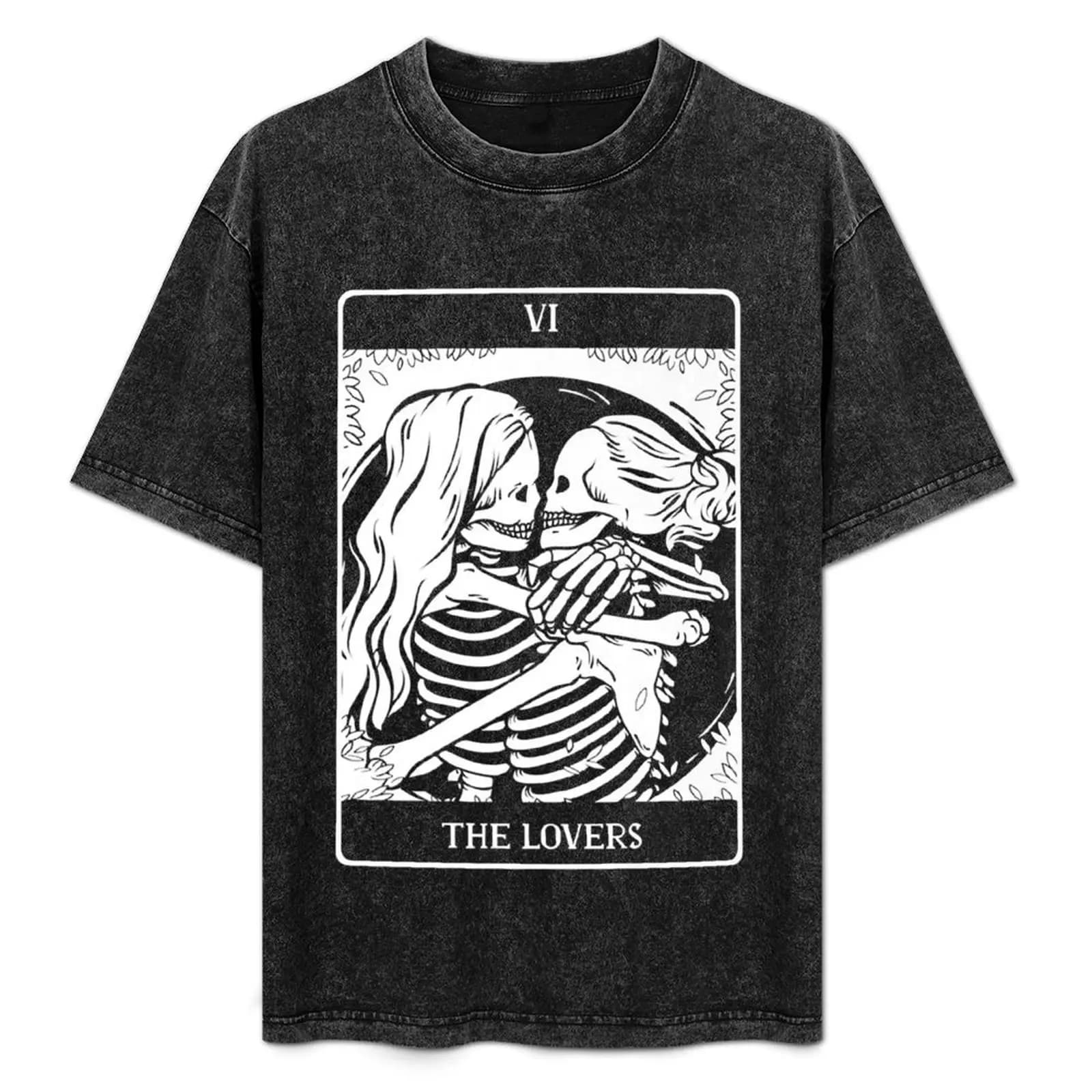 T-shirt con stampa The Lovers Tarot Card Occult Goth Lesbian Skeleton Halloween, T-shirt con stampa per uso quotidiano
