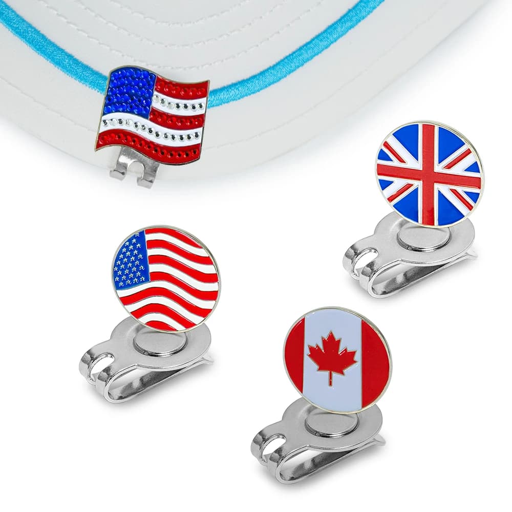 Caiton 4 Pezzi Clip per Cappello da Golf con Marcatori Magnetici per Palline, Clip per Cappello con Bandiera USA, Regno Unito, Canada, Accessorio Regalo per Uomini e Donne Golfisti, per Putting Green