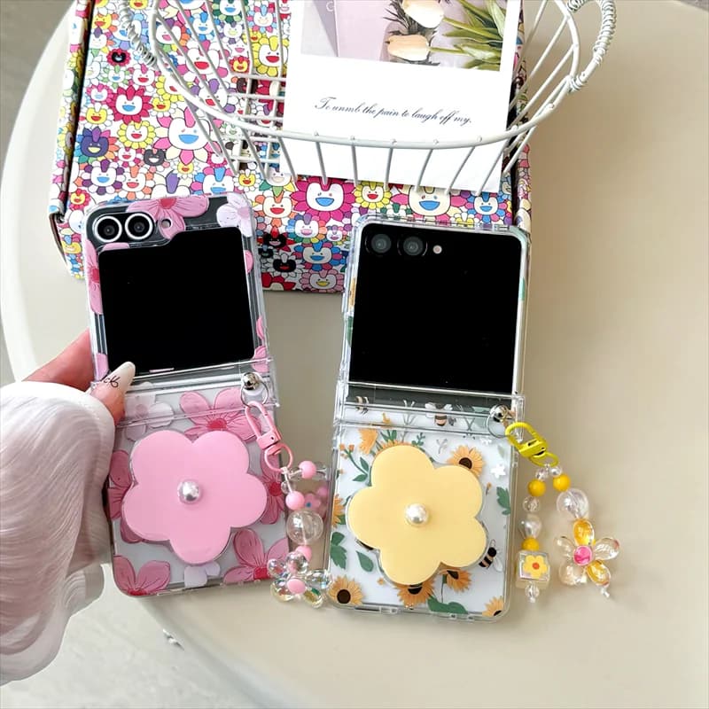 Custodia per telefono coreana con supporto floreale carino per Samsung Galaxy Z Flip 7 6 5 4 Flip6 Flip7 Cover con catena Custodie con cerniera floreale carina Flip7