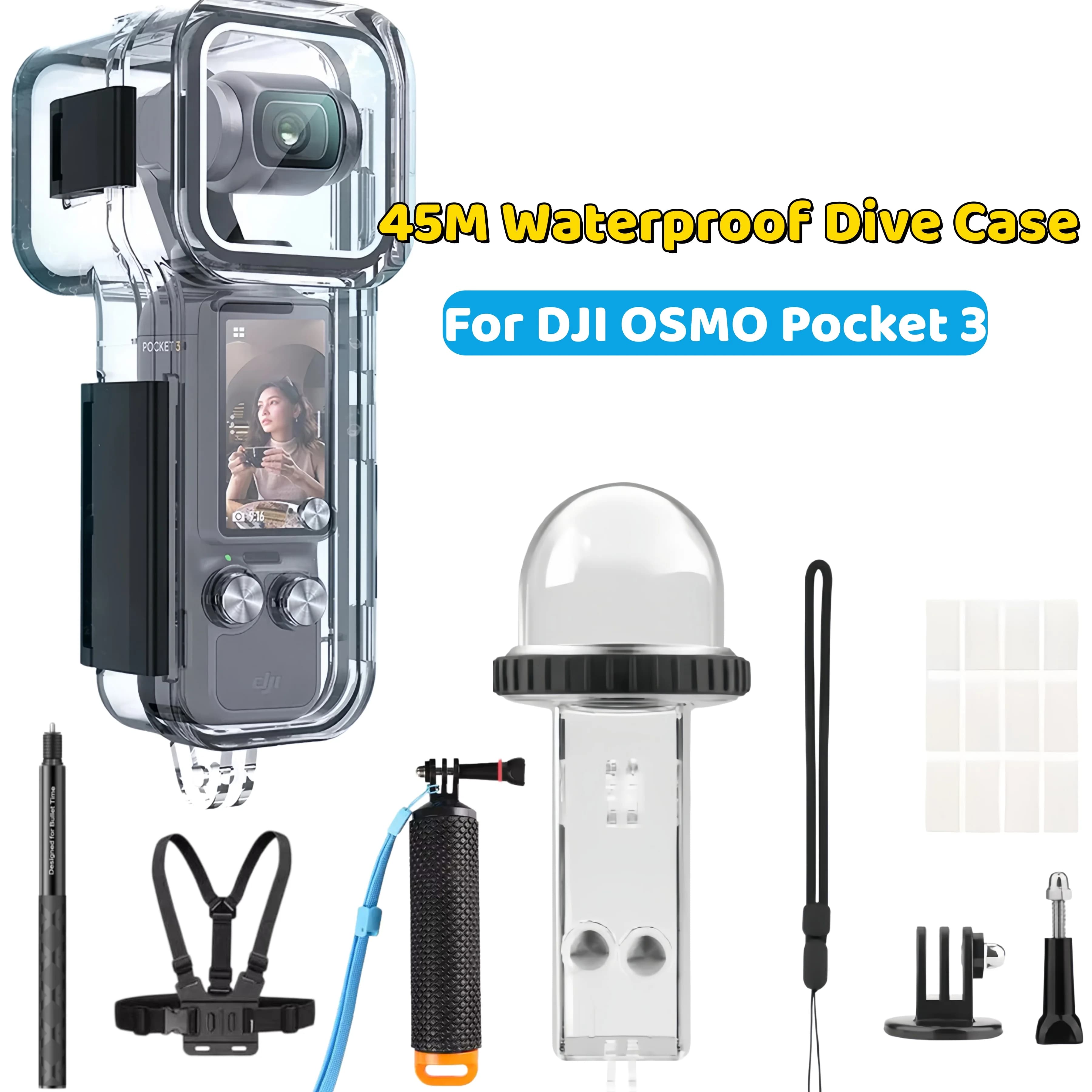 Custodia Impermeabile per DJI OSMO Pocket 3, Subacquea fino a 45M, Cover per Immersioni, Asta Galleggiante per Selfie, Cinghia da Petto UV, Kit Accessori