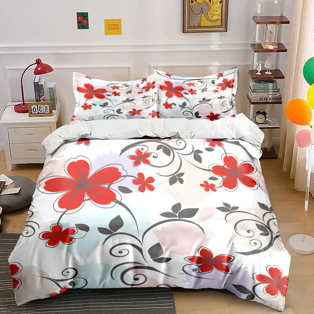 Set di biancheria da letto con stampa di fiori rossi e foglie nere, 1 copripiumino, 2 federe per adulti e bambini, regalo di lusso, misura completa