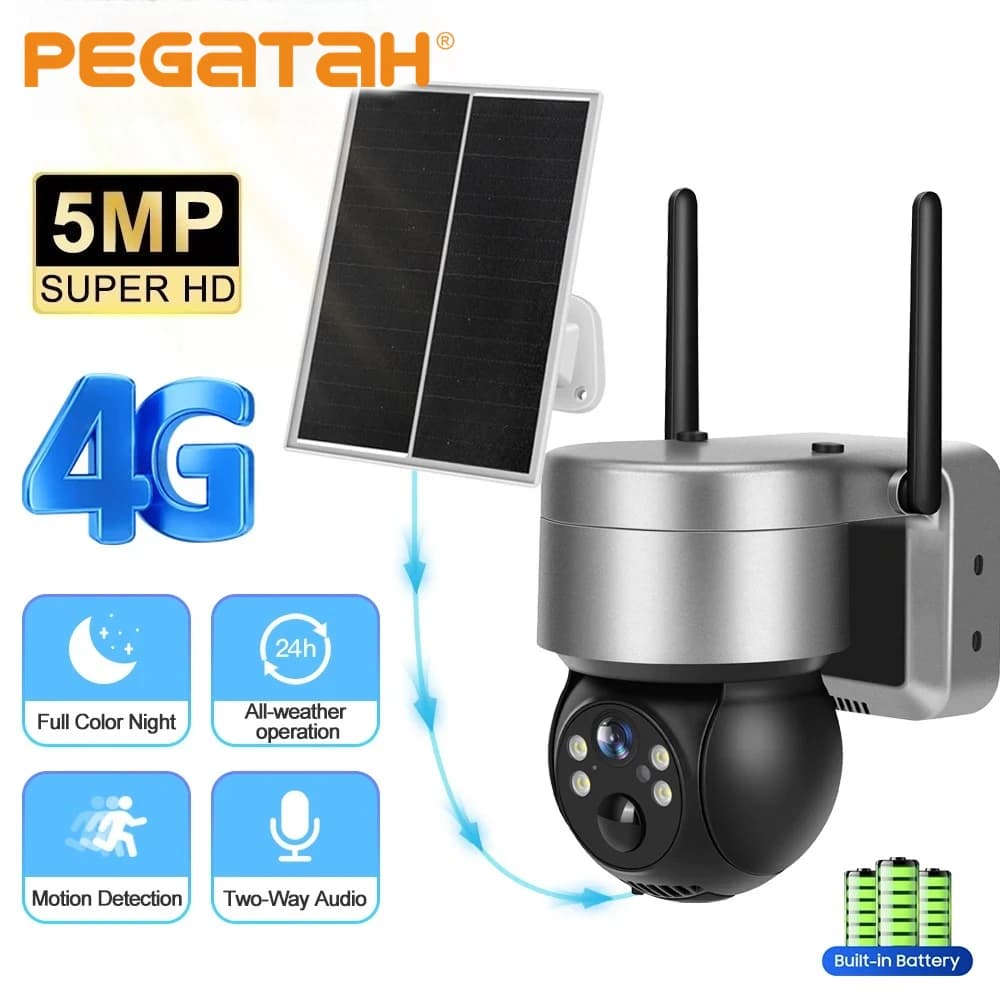 Telecamera Solare 4G PEGATAH per Esterni, 5MP HD Wireless PTZ IP con Rilevamento Umano PIR, Telecamera di Sicurezza Impermeabile, App Camhi Pro