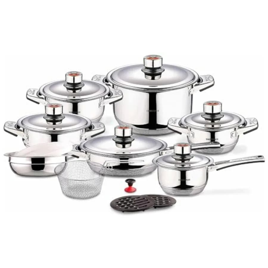 Set of 18-piece stainless steel pots, includes pots, pans, casserole, casserole, casserole compatible with induction