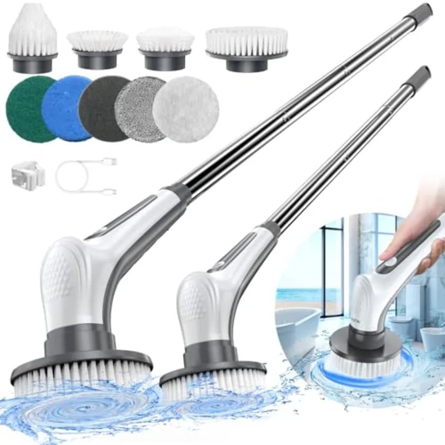 Spazzola Elettrica Rotante 10 in 1 Senza Fili IPX8 con 9 Testine Sostituibili e Manico Rimovibile a 4 Livelli